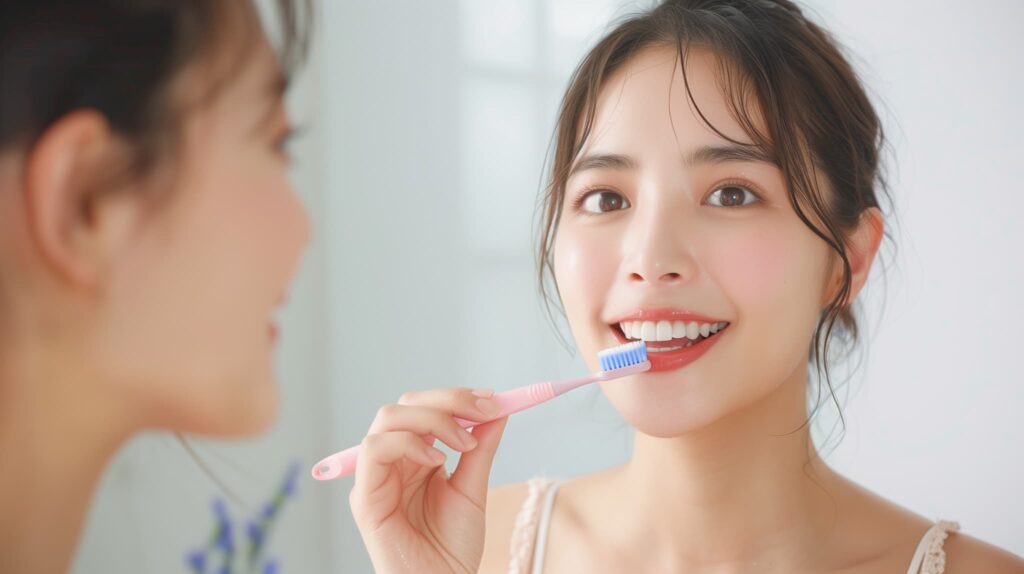 銀歯が虫歯になるのを防ぐために歯磨きをする女性