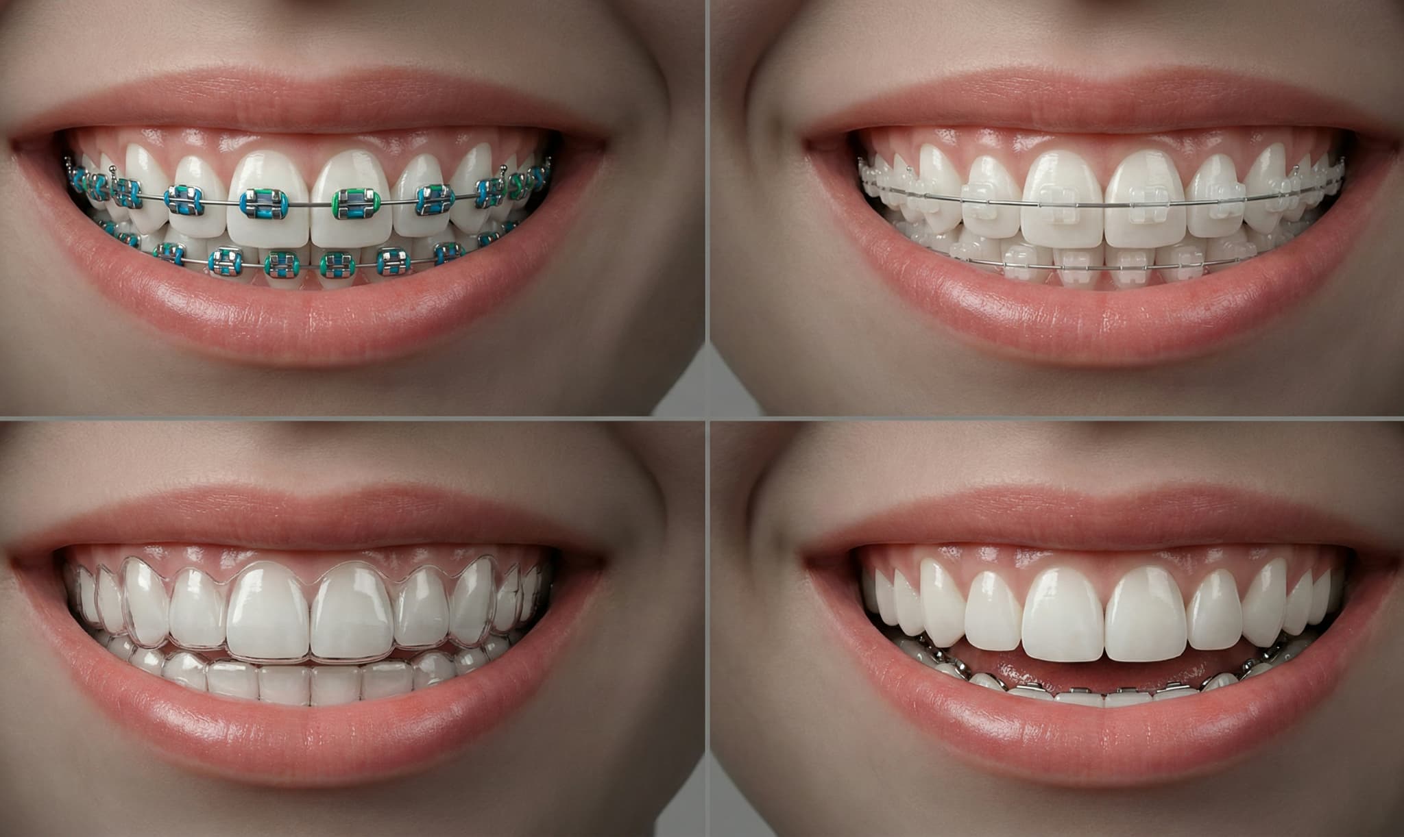 ワイヤー矯正やマウスピース矯正をしている口元の4つの画像