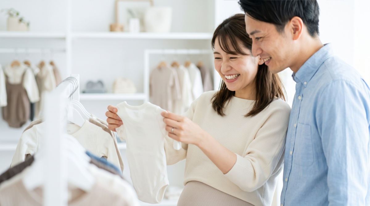 生まれてくる赤ちゃんの服をお店で選んでいる笑顔の夫婦