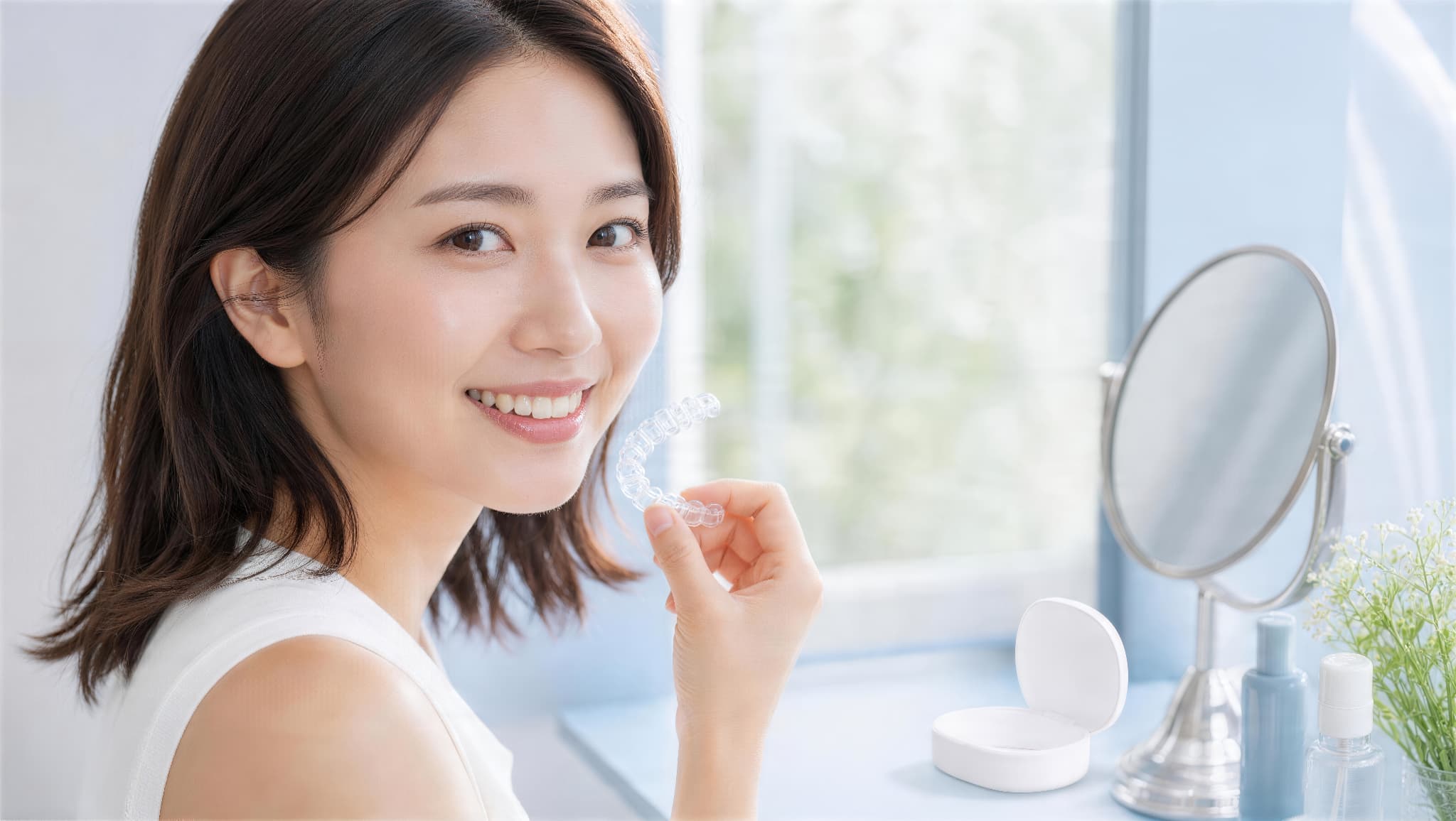 新しいマウスピースで矯正を続ける女性