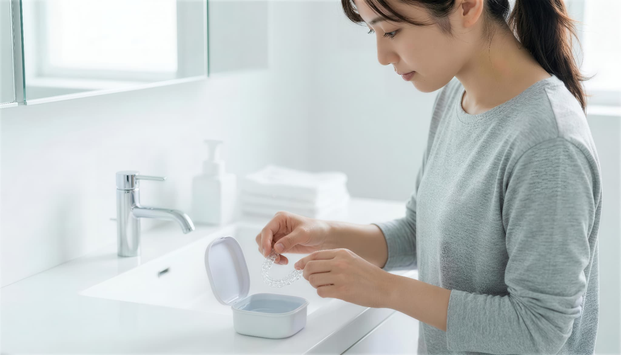 マウスピースを専用のケースに入れて保管する様子